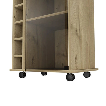 Bar Cart Baltimore, Two Tier Cabinet With Glass Door, Six Wine Cubbies, Light Oak Finish for Kitchen, Party and Living Room