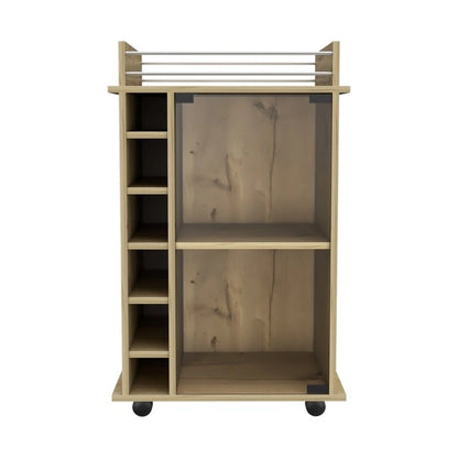 Bar Cart Baltimore, Two Tier Cabinet With Glass Door, Six Wine Cubbies, Light Oak Finish for Kitchen, Party and Living Room