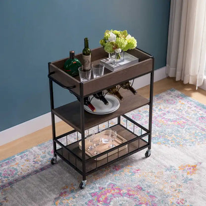 Rolling Kitchen Cart with Three Tier Storage and Four Wine Bottle Rack