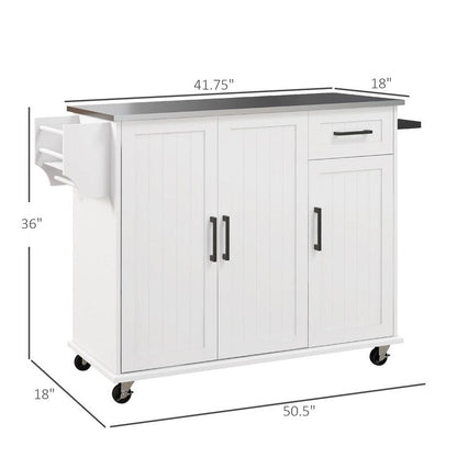 50.5Kitchen Island Rolling Kitchen Cart on Wheels with Drawer,3 Cabinets,Stainless Steel Countertop,Spice Rack and Towel Rack