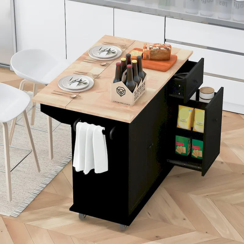 Kitchen Island with Drop Leaf, 53.9 Width Rolling Kitchen Cart on Wheels with Internal Storage Rack