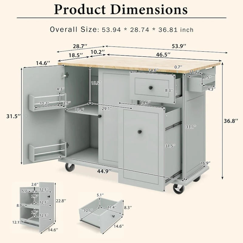 Kitchen Island with Drop Leaf, 53.9 Width Rolling Kitchen Cart on Wheels with Internal Storage Rack