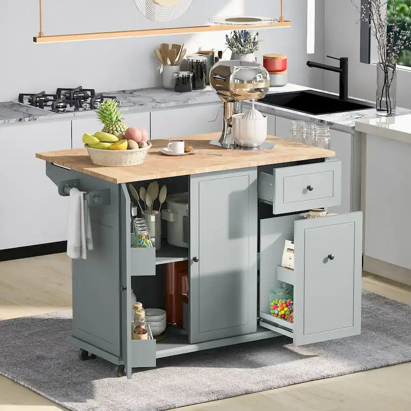 Kitchen Island with Drop Leaf, 53.9 Width Rolling Kitchen Cart on Wheels with Internal Storage Rack