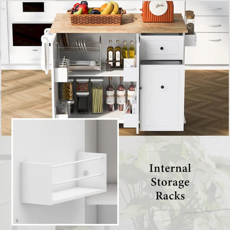 Kitchen Island with Drop Leaf, 53.9 Width Rolling Kitchen Cart on Wheels with Internal Storage Rack
