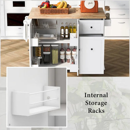 Kitchen Island with Drop Leaf, 53.9 Width Rolling Kitchen Cart on Wheels with Internal Storage Rack