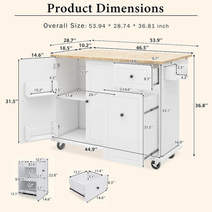 Kitchen Island with Drop Leaf, 53.9 Width Rolling Kitchen Cart on Wheels with Internal Storage Rack