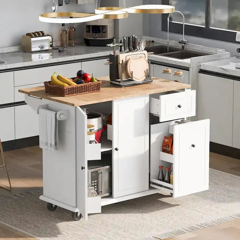 Kitchen Island with Drop Leaf,with Spice Rack, Towel Rack