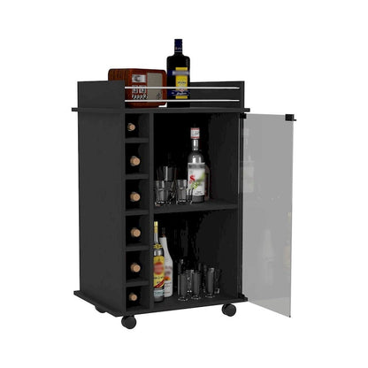 Bar Cart Baltimore, Two Tier Cabinet With Glass Door, Six Wine Cubbies, Black Wengue Finish for Kitchen, Party and Living Room
