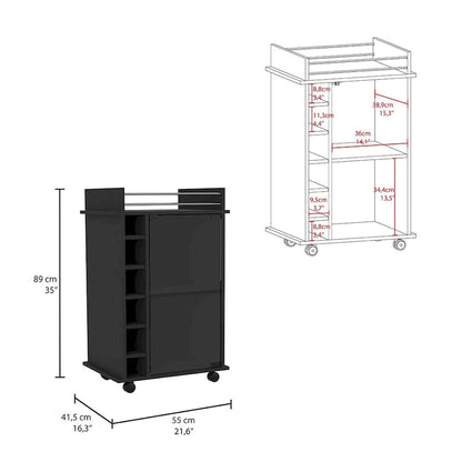 Bar Cart Baltimore, Two Tier Cabinet With Glass Door, Six Wine Cubbies, Black Wengue Finish for Kitchen, Party and Living Room
