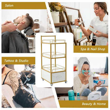3-Tier Storage Cart with Drawer, Trolley on Wheels with Faux Marble Board and Metal Frame for Kitchen/Beauty Salon/Home Office