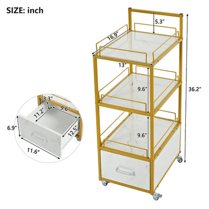 3-Tier Storage Cart with Drawer, Trolley on Wheels with Faux Marble Board and Metal Frame for Kitchen/Beauty Salon/Home Office