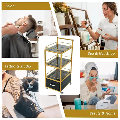 3-Tier Storage Cart with Drawer, Trolley on Wheels with Faux Marble Board and Metal Frame for Kitchen/Beauty Salon/Home Office