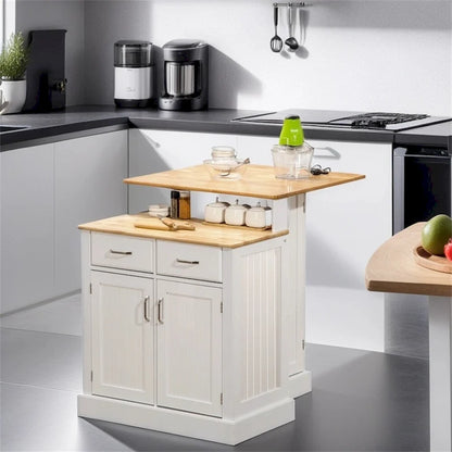 Kitchen Island w/Storage Cabinet and Rubber Wood Tabletop,Island Table