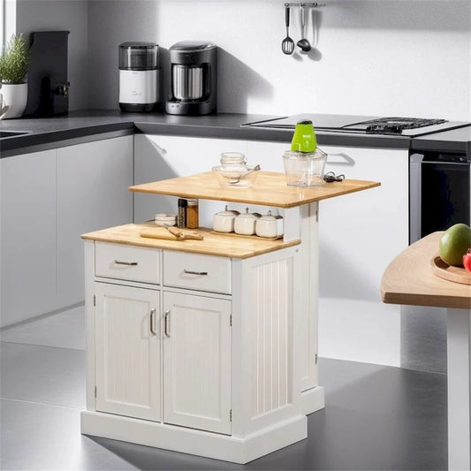 Kitchen Island w/Storage Cabinet and Rubber Wood Tabletop,Island Table