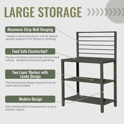 Outdoor Kitchen Island with Storage,Aluminum Kitchen Storage Island Kitchen Food Prep Table with Double Storage Rack