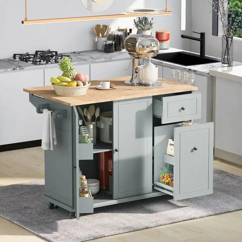 Kitchen Island with Drop Leaf, Rolling Kitchen Cart with Internal Storage Rack
