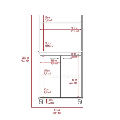 Kira Kitchen Kart, Double Door Cabinet, One Open Shelf, Two Interior Shelves -White