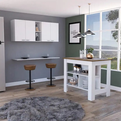 Sierra 7-Shelf 4-Door 2-piece Kitchen Set, Upper Wall Cabinet and Kitchen Island White and Light Oak