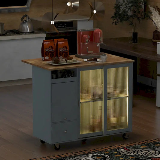 Kitchen Island Cart with Drop Leaf, LED Light, Fluted Glass Doors, Adjustable Shelf, and 2 Drawers