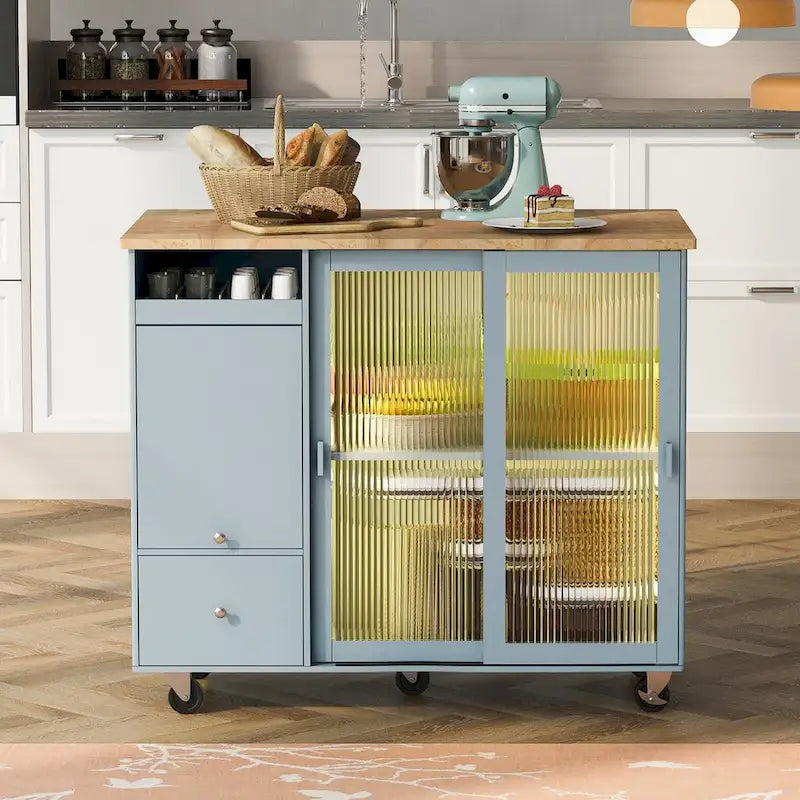 Kitchen Island Cart with Drop Leaf, LED Light, Fluted Glass Doors, Adjustable Shelf, and 2 Drawers