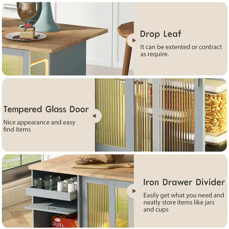 Kitchen Island Cart with Drop Leaf, LED Light, Fluted Glass Doors, Adjustable Shelf, and 2 Drawers