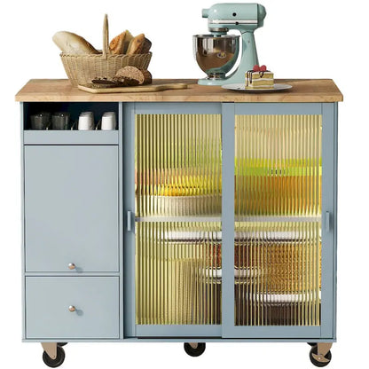 Kitchen Island Cart with Drop Leaf, LED Light, Fluted Glass Doors, Adjustable Shelf, and 2 Drawers