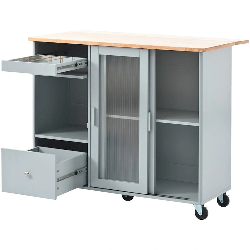 Kitchen Island Cart with Drop Leaf, LED Light, Fluted Glass Doors, Adjustable Shelf, and 2 Drawers