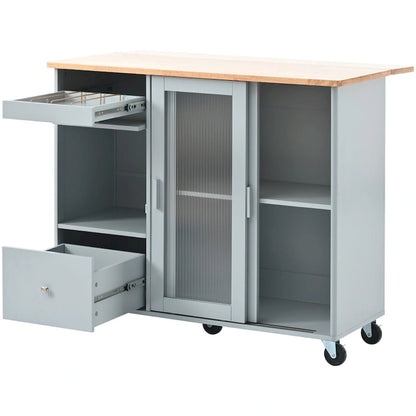 Kitchen Island Cart with Drop Leaf, LED Light, Fluted Glass Doors, Adjustable Shelf, and 2 Drawers