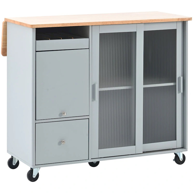 Kitchen Island Cart with Drop Leaf, LED Light, Fluted Glass Doors, Adjustable Shelf, and 2 Drawers