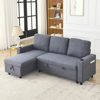 L-Shaped Comfortable Corduroy Combo Sofa with Pullout Bed and Storage