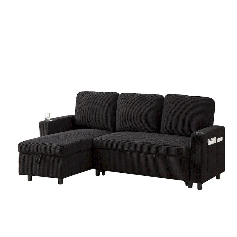 L-Shaped Comfortable Corduroy Combo Sofa with Pullout Bed and Storage