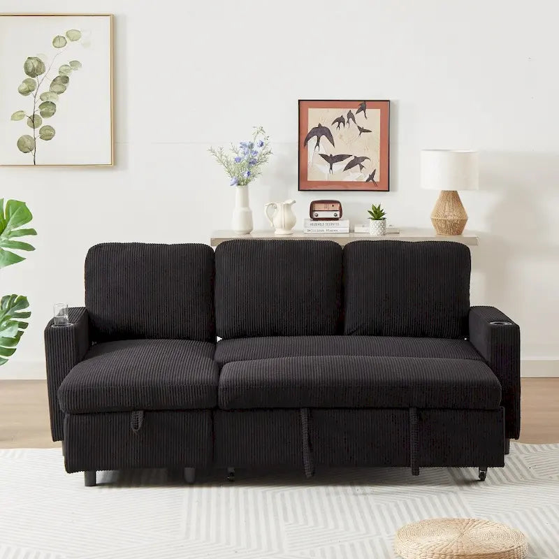 L-Shaped Comfortable Corduroy Combo Sofa with Pullout Bed and Storage