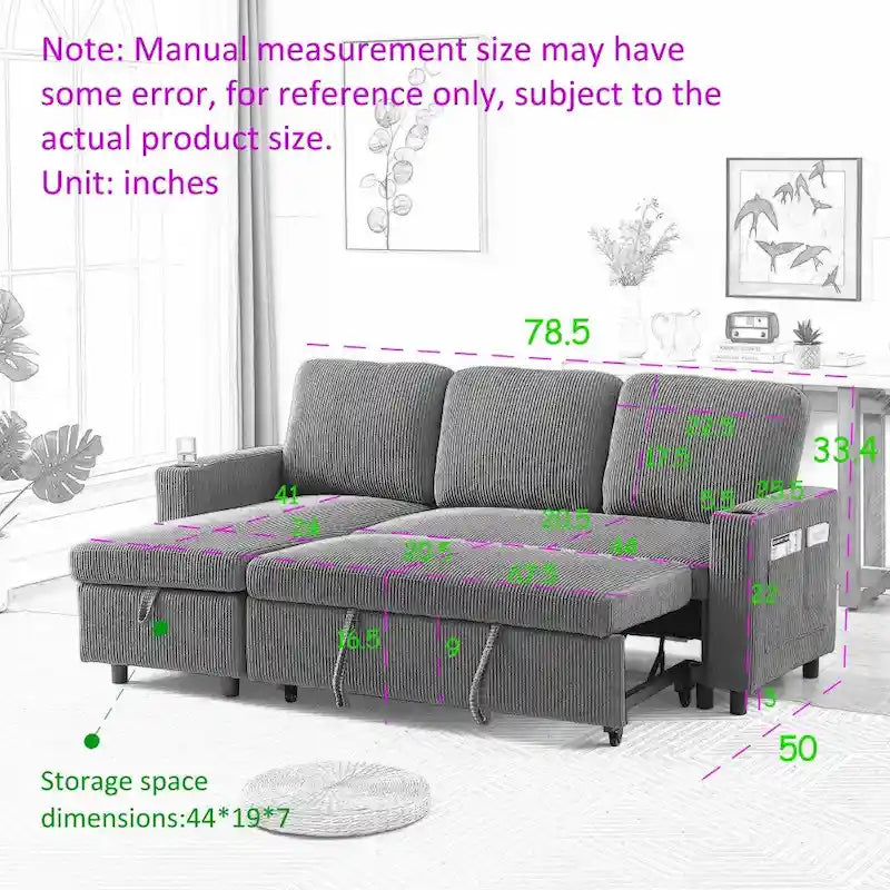 L-Shaped Comfortable Corduroy Combo Sofa with Pullout Bed and Storage