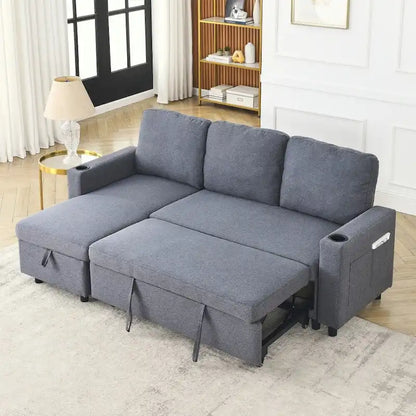 L-Shaped Comfortable Corduroy Combo Sofa with Pullout Bed and Storage