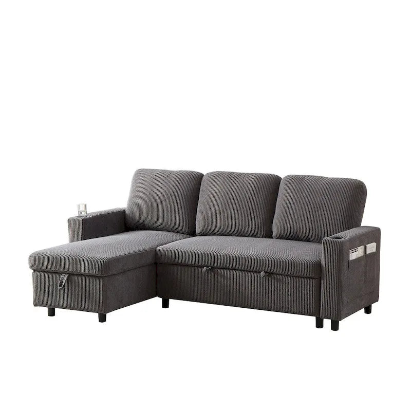L-Shaped Comfortable Corduroy Combo Sofa with Pullout Bed and Storage