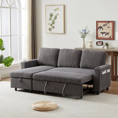 L-Shaped Comfortable Corduroy Combo Sofa with Pullout Bed and Storage