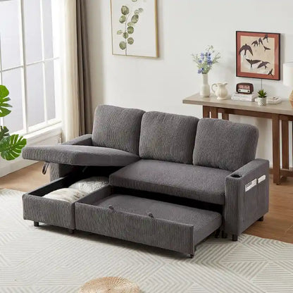 L-Shaped Comfortable Corduroy Combo Sofa with Pullout Bed and Storage