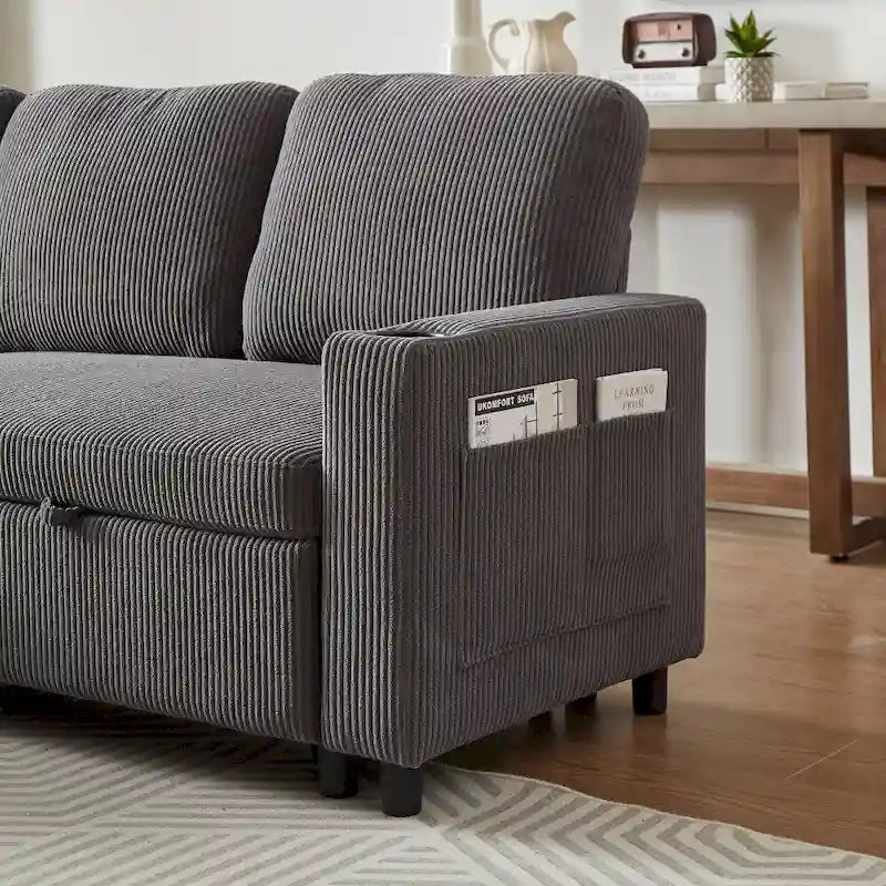 L-Shaped Comfortable Corduroy Combo Sofa with Pullout Bed and Storage