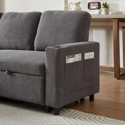 L-Shaped Comfortable Corduroy Combo Sofa with Pullout Bed and Storage