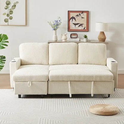 L-Shaped Comfortable Corduroy Combo Sofa with Pullout Bed and Storage