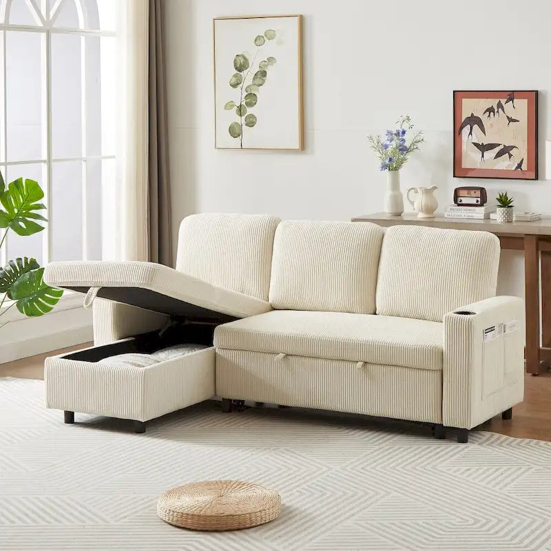 L-Shaped Comfortable Corduroy Combo Sofa with Pullout Bed and Storage