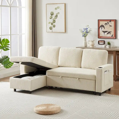 L-Shaped Comfortable Corduroy Combo Sofa with Pullout Bed and Storage