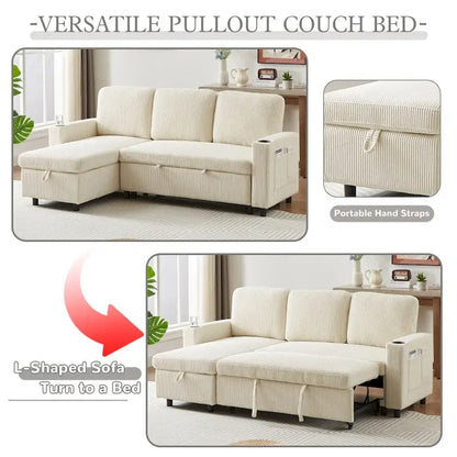 L-Shaped Comfortable Corduroy Combo Sofa with Pullout Bed and Storage