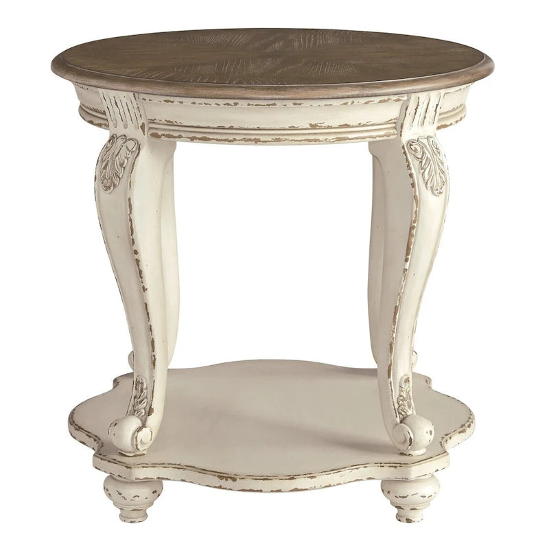 Round Wooden End Table with Open Bottom Shelf, Brown and Antique White