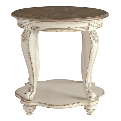 Round Wooden End Table with Open Bottom Shelf, Brown and Antique White