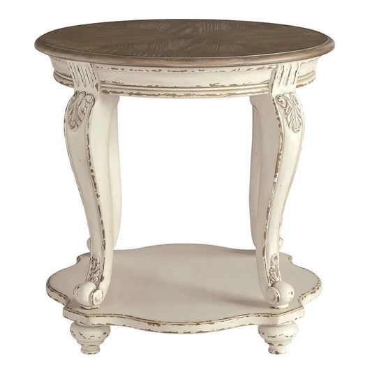 Round Wooden End Table with Open Bottom Shelf, Brown and Antique White
