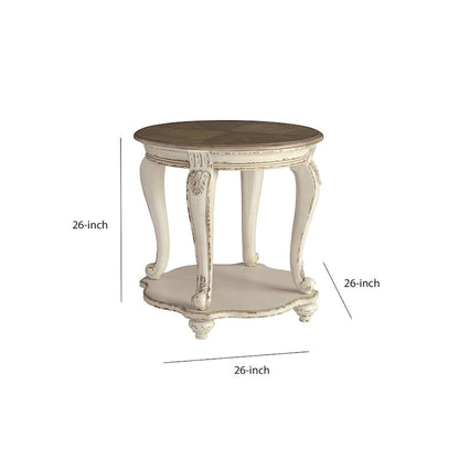 Round Wooden End Table with Open Bottom Shelf, Brown and Antique White