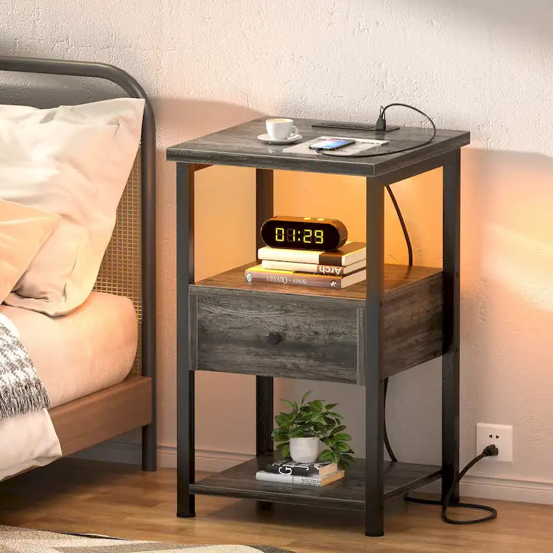 2-piece Farmhouse Wood End Table Drawers Nightstand with Charge Station - Set of 2