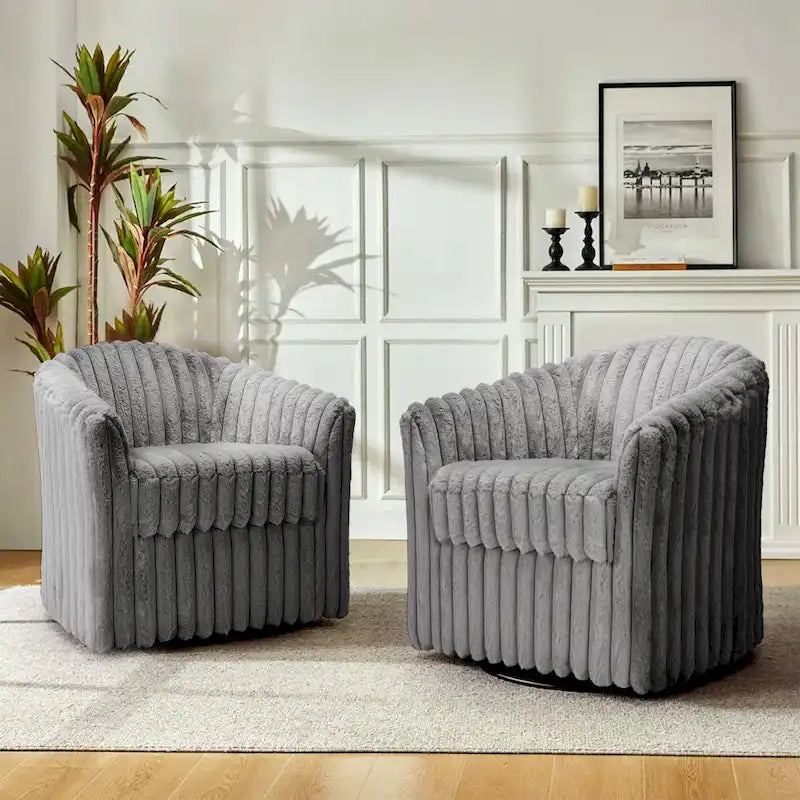 Faux Rabbit Fur Accent Chair 360-degree Swivel Barrel Chairs Set of 2