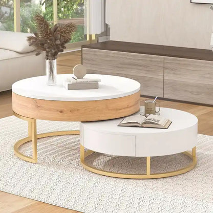 Modern Round Lift-top Nesting Coffee Tables with 2 Drawers
